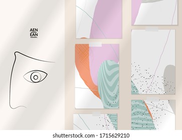 Continuous linear abstract face drawing on abstract background. Contemporary composition. Modern art, print or poster mock up with shadow overlay. Natural color textured with spots and lines.