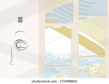 Continuous linear abstract face drawing on abstract background. Contemporary composition. Modern art, print or poster mock up with shadow overlay. Natural color textured with spots and lines.
