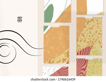 Continuous linear abstract face drawing on abstract background. Contemporary composition. Modern art, print or poster mock up with shadow overlay. Natural color textured with spots and lines.