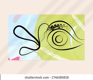 Continuous linear abstract face drawing on abstract background. Contemporary composition. Modern art, print or poster mock up with shadow overlay. Natural color textured with spots and lines.