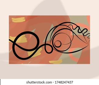 Continuous linear abstract face drawing on abstract background. Contemporary composition. Modern art, print or poster mock up with shadow overlay. Natural color textured with spots and lines.