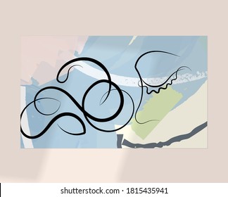 Continuous linear abstract face drawing on abstract background. Contemporary composition. Modern art, print or poster mock up with shadow overlay. Natural color textured with spots and lines.
