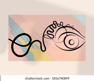Continuous linear abstract face drawing on abstract background. Contemporary composition. Modern art, print or poster mock up with shadow overlay. Natural color textured with spots and lines.
