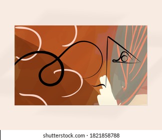 Continuous linear abstract face drawing on abstract background. Contemporary composition. Modern art, print or poster mock up with shadow overlay. Natural color textured with spots and lines.