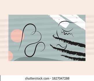 Continuous linear abstract face drawing on abstract background. Contemporary composition. Modern art, print or poster mock up with shadow overlay. Natural color textured with spots and lines.