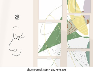 Continuous linear abstract face drawing on abstract background. Contemporary composition. Modern art, print or poster mock up with shadow overlay. Natural color textured with spots and lines.