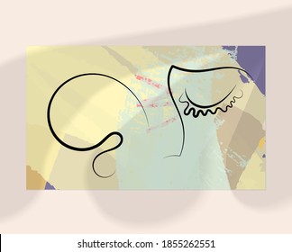 Continuous linear abstract face drawing on abstract background. Contemporary composition. Modern art, print or poster mock up with shadow overlay. Natural color textured with spots and lines.