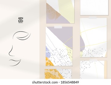 Continuous linear abstract face drawing on abstract background. Contemporary composition. Modern art, print or poster mock up with shadow overlay. Natural color textured with spots and lines.