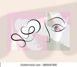 Continuous linear abstract face drawing on abstract background. Contemporary composition. Modern art, print or poster mock up with shadow overlay. Natural color textured with spots and lines.