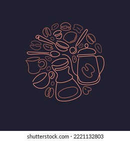 Continuous linear of coffee. Graphic symbol in circle. Abstract cup, beans. Vector pattern on black background. Natural arabica drink