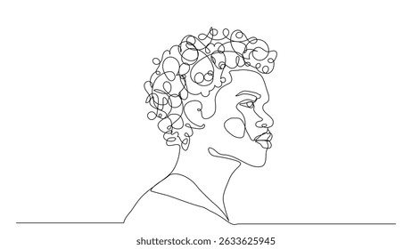 Continuous linear drawing of African American man. Abstract minimalist one line face in profile isolated on transparent background. Vector illustration for Juneteenth, black history month.