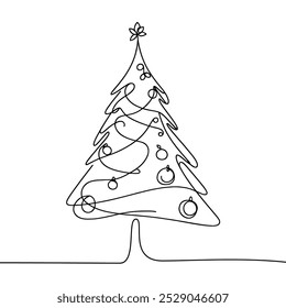 Continuous linear drawing of Christmas tree. One line drawing Christmas tree. Christmas tree in one line style. Vector illustration.