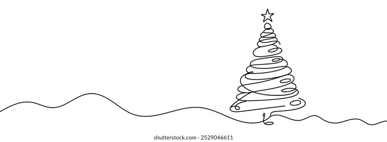 Continuous linear drawing of Christmas tree. One line drawing Christmas tree. Christmas tree in one line style. Vector illustration.
