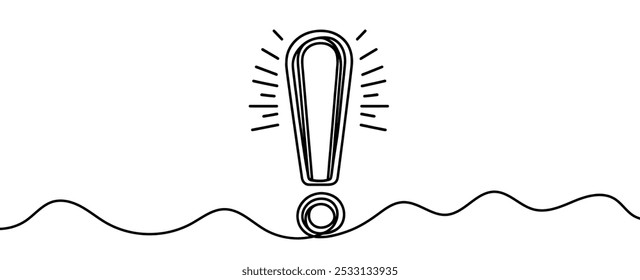 Continuous linear drawing of exclamation mark. One line drawing exclamation mark. Exclamation mark in one line style. Vector illustration.