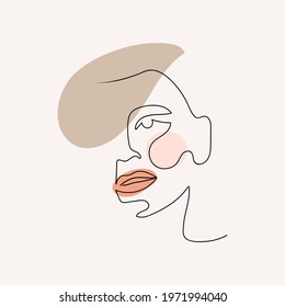 Continuous linear drawing of female face. Beautiful portrait of woman in one line with geometric shapes. Modern, minimalistic style. Line art. Vector Illustration For Posters, T-shirt prints, avatars
