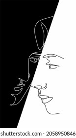 Continuous linear drawing of a female and male face on a black and white background for a poster, brochure, banner, T-shirt print, vector illustration, boho style. The concept of love