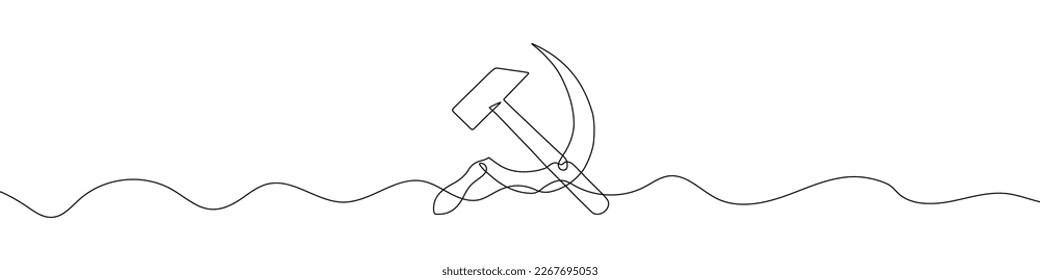 Continuous linear drawing of hammer and sickle. Single line drawing of crossed hammer and sickle. Vector illustration. Line art of political symbol