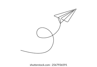 Continuous linear drawing of paper airplane. One line drawing paper airplane. Single line continuous drawing of paper airplane Concept of plane flying outline style illustration.