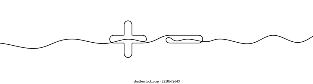 Continuous linear drawing of plus and minus signs. Plus and minus signs. Abstract background drawn with one line. Vector illustration.