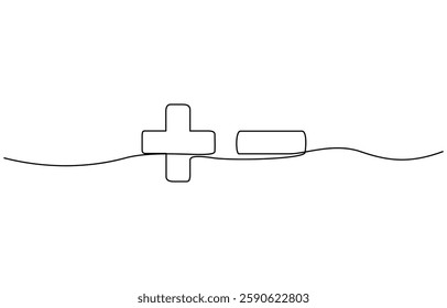 Continuous linear drawing of plus and minus signs, Plus and minus icon line continuous drawing vector. One line Plus and minus icon vector background. Plus and minus icon.