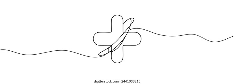 Continuous linear drawing of plus sign. Plus icon. Abstract background drawn with one line. Vector illustration