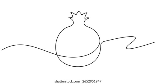 Desenho linear contínuo de romã. Uma granada de desenho de linha. Romã em um estilo de linha. Ilustração vetorial, romã em desenho contínuo de uma única linha. Um desenho de linha de fruta.