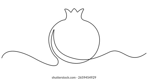 Desenho linear contínuo de romã. Uma granada de desenho de linha. Romã em um estilo de linha. Ilustração vetorial. 