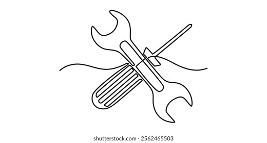 Continuous linear drawing of service symbol. Repair concept. One line drawn background. Vector illustration. Abstract linear background, Default Settings Continuous Line Editable Icon, tools icon. 