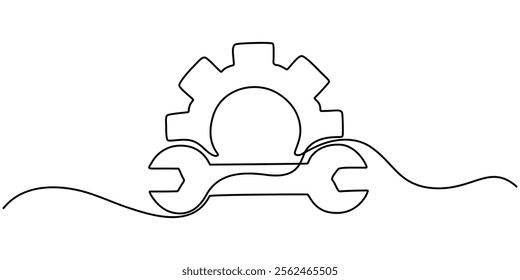 Continuous linear drawing of service symbol. Repair concept. One line drawn background. Vector illustration. Abstract linear background, Default Settings Continuous Line Editable Icon, tools icon. 