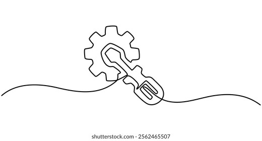 Continuous linear drawing of service symbol. Repair concept. One line drawn background. Vector illustration. Abstract linear background, Default Settings Continuous Line Editable Icon, tools icon. 