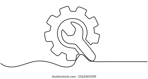 Continuous linear drawing of service symbol. Repair concept. One line drawn background. Vector illustration. Abstract linear background, Default Settings Continuous Line Editable Icon, tools icon. 