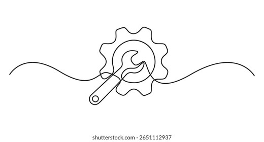 Desenho linear contínuo do símbolo de serviço. Reparar conceito. Um plano de fundo desenhado em linha contínua. Ilustração vetorial