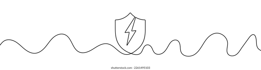 Continuous linear drawing of shield with lightning. Safety concept. Abstract background drawn with one line. Vector illustration.