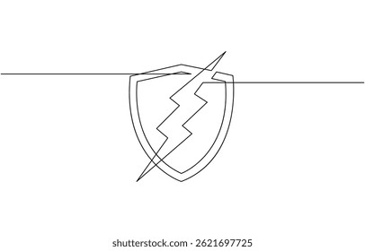 Continuous linear drawing of shield with lightning. Safety concept, Security shield energy icons continuous one line drawing, protection.
