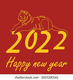 continuous linear drawing of the silhouette of the Chinese tiger of 2022, a simple hand-drawn Asian element for a poster, brochure, banner, calendar, vector illustration isolated on a red background