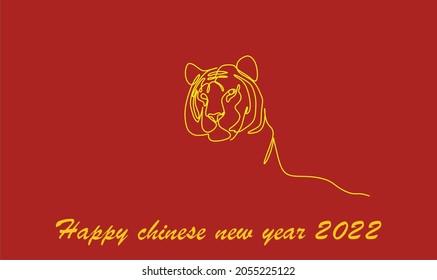 continuous linear drawing of the silhouette of the Chinese tiger of 2022, a simple hand-drawn Asian element for a poster, brochure, banner, calendar, vector illustration isolated on a red background