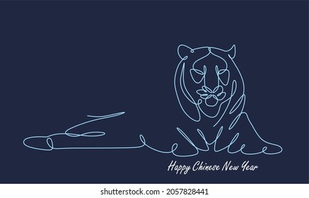 continuous linear drawing of the silhouette of the Chinese tiger of 2022, a simple hand-drawn Asian element for a poster, brochure, banner, calendar, vector illustration isolated on an indigo backgrou