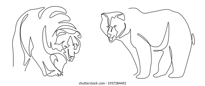 continuous linear drawing of two bears close-up, for printing T-shirts, logos, brochures, advertising, neon lighting