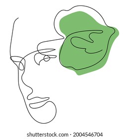 Continuous linear drawing. Vector illustration of a female face and a leaf with an abstract green spot on a white background. Suitable for advertising posters of beauty salons, printing on clothes.