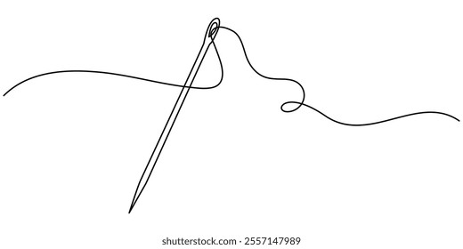 Continuous linear needlepoint pattern. Single line tailor's needle mark. Tailor's sign template. Vector editable linear illustration, Needle continuous one line drawing pro vector illustration, Sewing