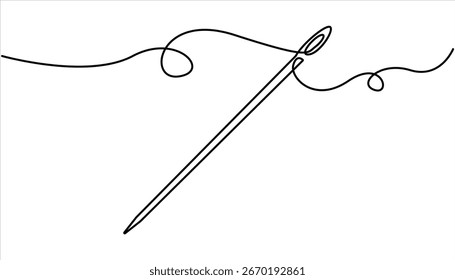 Padrão de agulha linear contínuo. Marca de agulha de alfaiate de linha única. Ilustração linear editável vetorial, agulha de costura projeto de ilustração vetorial de arte de uma linha contínua.