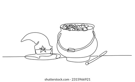 Continuous lineart cauldron and hat witch for Happy Halloween day celebration vector illustration