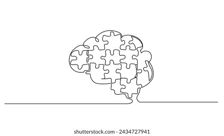 dibujo lineal continuo del cerebro humano que se forma a partir de piezas de rompecabezas logo identidad. Oficina psicológica para encontrar el concepto de logotipo de icono de personalidad. Vector de diseño de dibujo de línea continua