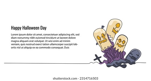 Continuous lineart landing page ghost for Happy Halloween day celebration vector illustration