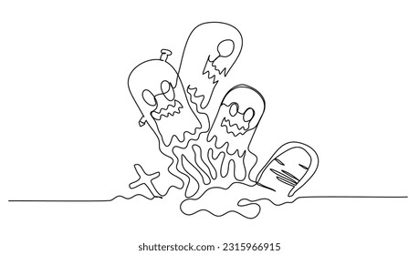 Continuous lineart landing page ghost for Happy Halloween day celebration vector illustration