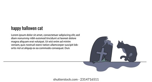 Continuous lineart landing page gravestones and cats for Happy Halloween day celebration vector illustration