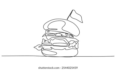 Lineart contínuo de um hambúrguer grande com uma bandeira no topo. conceito, ilustração de vetor de fast food, comida, restaurante, negócios de comida