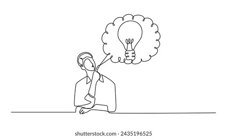 continuous lineart man thinking about a something light blub to find idea creativity for bussiness, vector illustration concept	
