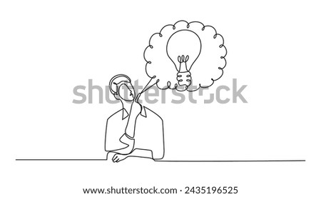 continuous lineart man thinking about a something light blub to find idea creativity for bussiness, vector illustration concept	

