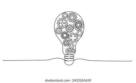 continuous lineart or one line a light bulb with gear logical concept vector for bussiness idea	